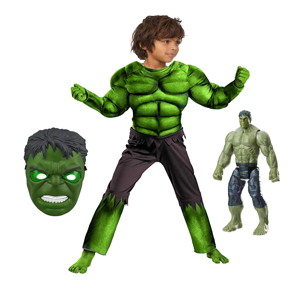 Set costum Hulk clasic cu muschi si figurina cu sunete 30 cm, pentru baieti 5-7 ani 110-120 cm 110-120 imagine 2022 protejamcopilaria.ro