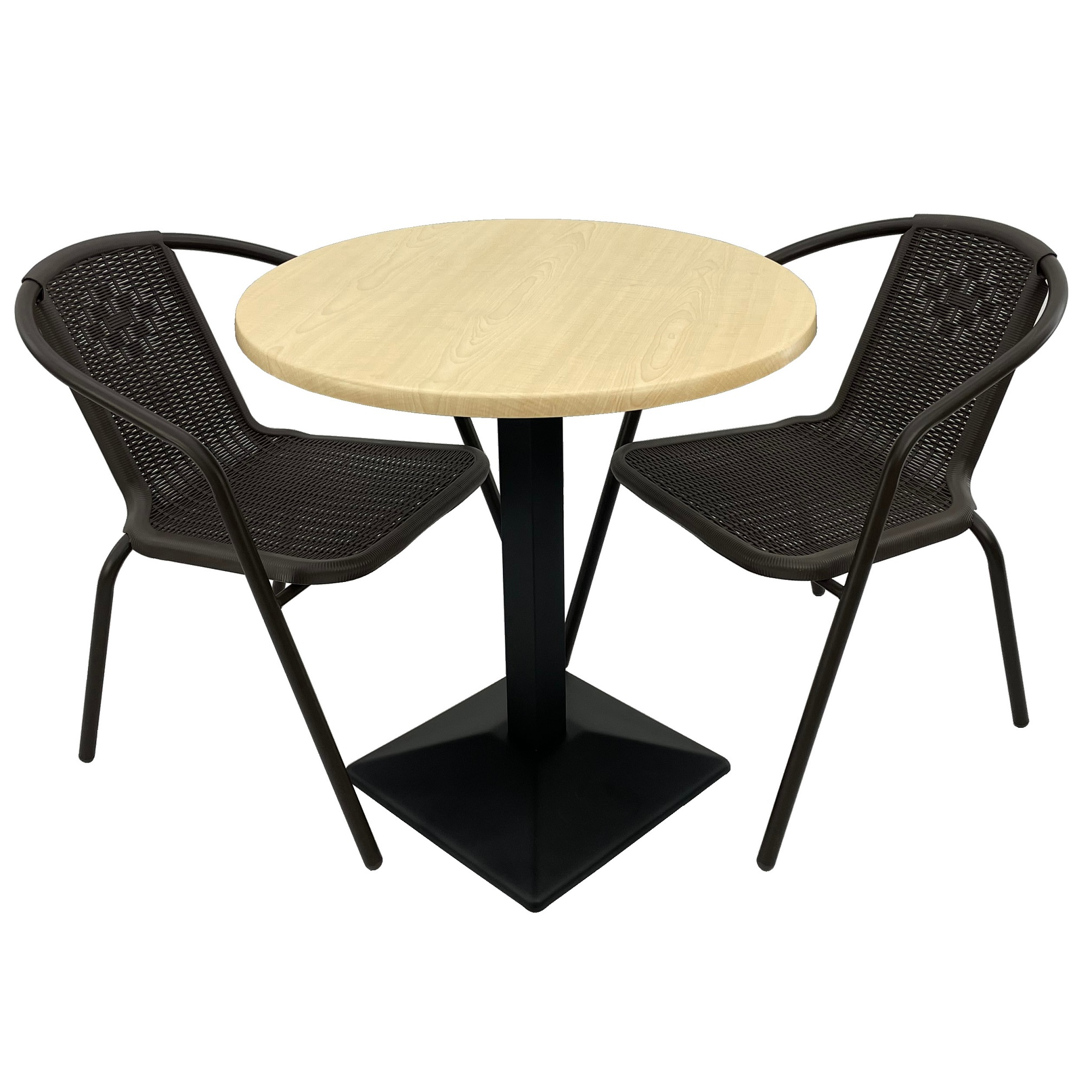 Set 2 scaune CAMPMAN maro cu masa rotunda D70cm AGMA HORECA MAPLE cu blat werzalit si baza metalica culoare negru