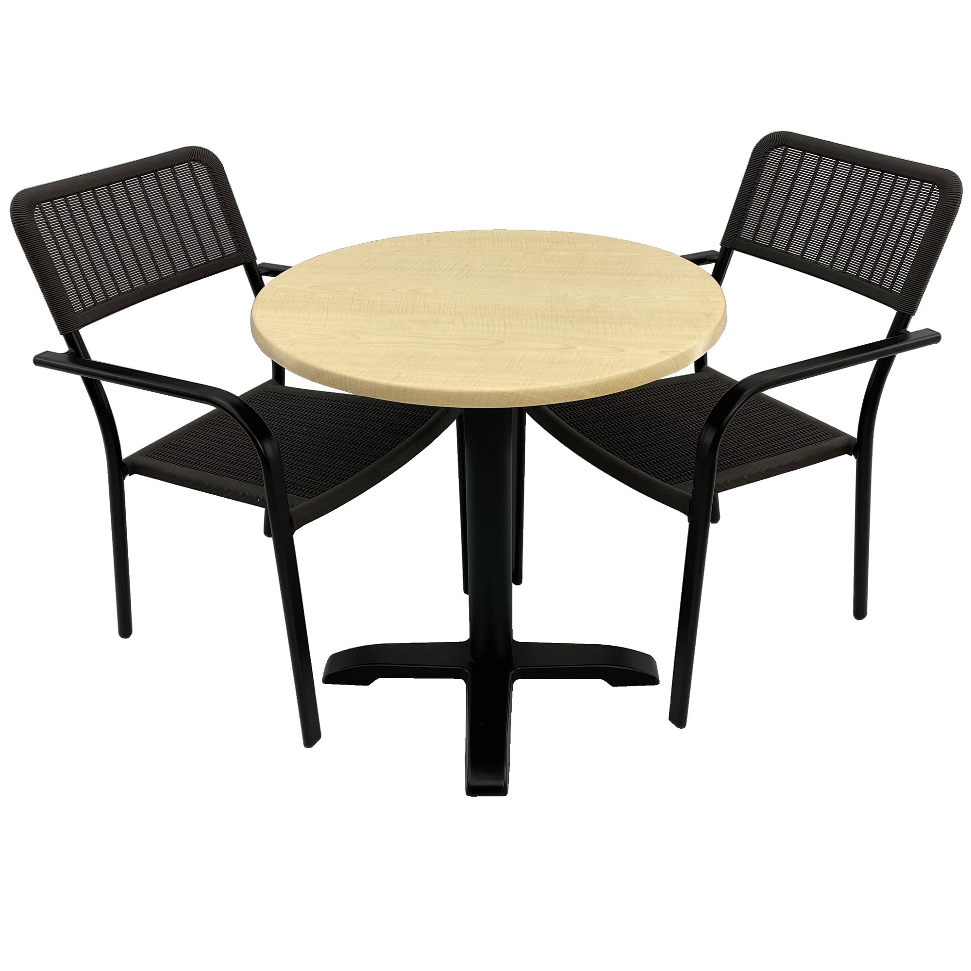 Set 2 scaune CAMPMAN cu brate, maro, masa rotunda D70cm AGMA HORECA MAPLE cu blat werzalit si baza neagra metalica