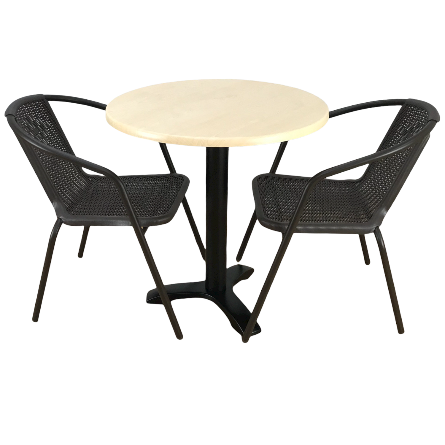 Set 2 scaune CAMPMAN maro cu masa rotunda D70cm AGMA HORECA MAPLE cu blat werzalit si picior metalic negru
