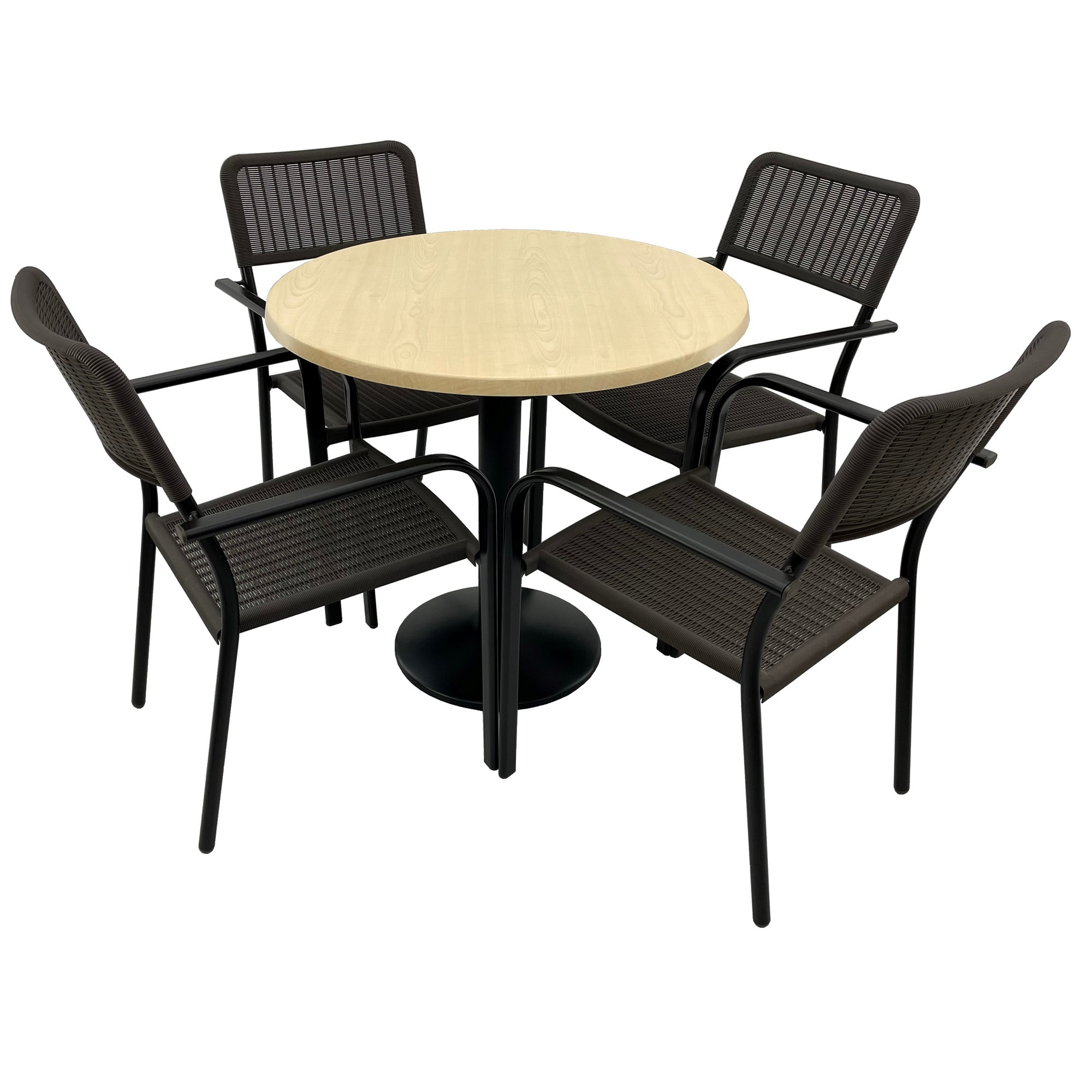 Set 4 scaune CAMPMAN cu brate, maro, masa rotunda D80cm AGMA HORECA MAPLE cu blat werzalit si baza metalica neagra