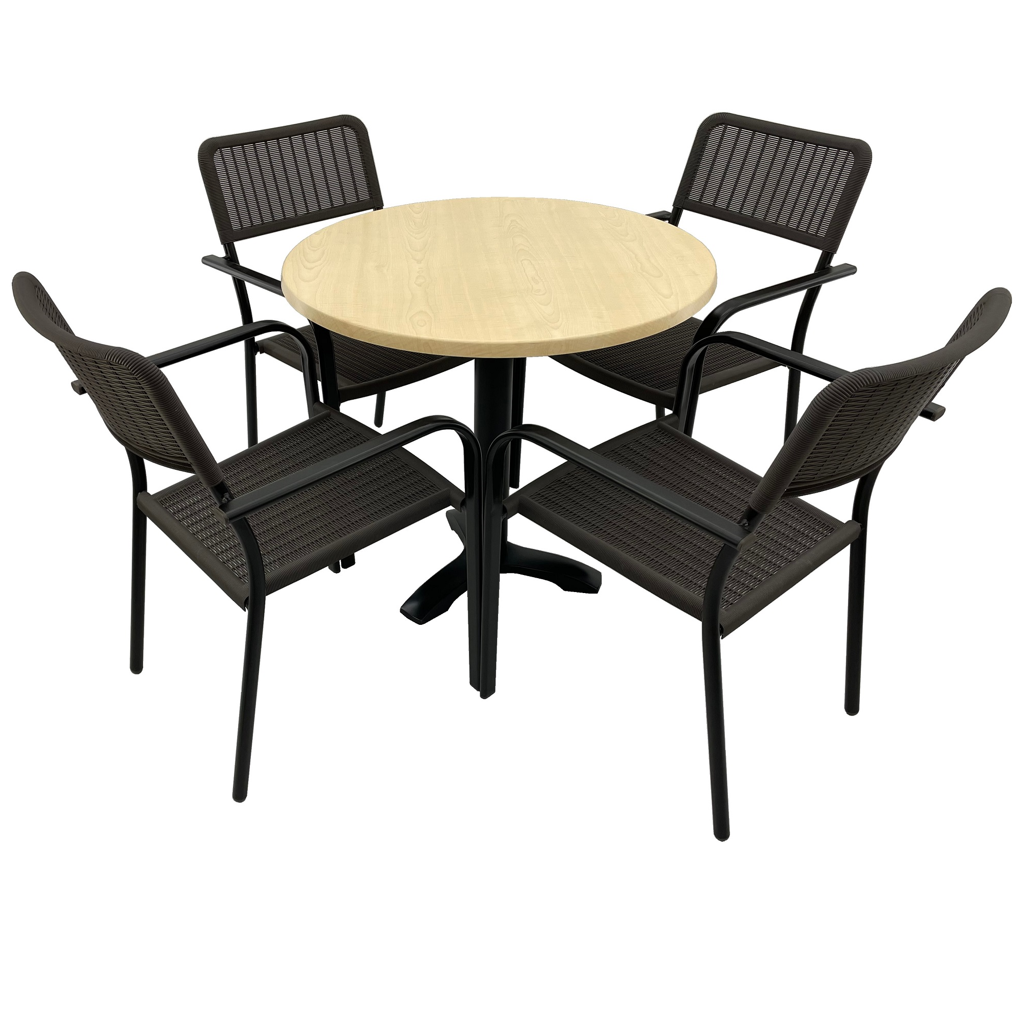 Set 4 scaune CAMPMAN cu brate, maro, masa rotunda D80cm AGMA HORECA MAPLE cu blat werzalit si picior metalic negru