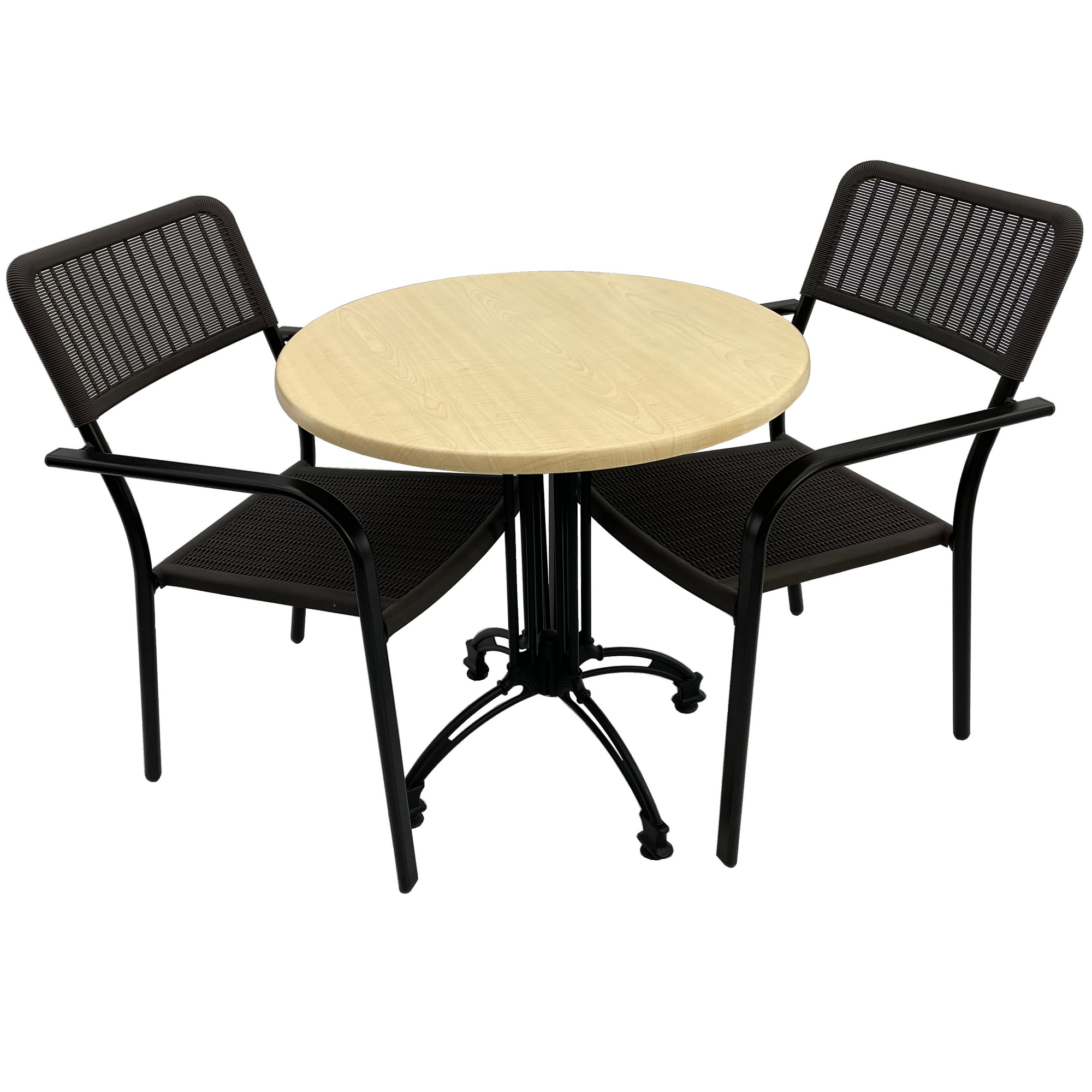 Set 2 scaune CAMPMAN cu brate, maro, masa rotunda D70cm AGMA HORECA MAPLE cu blat werzalit si baza neagra retro