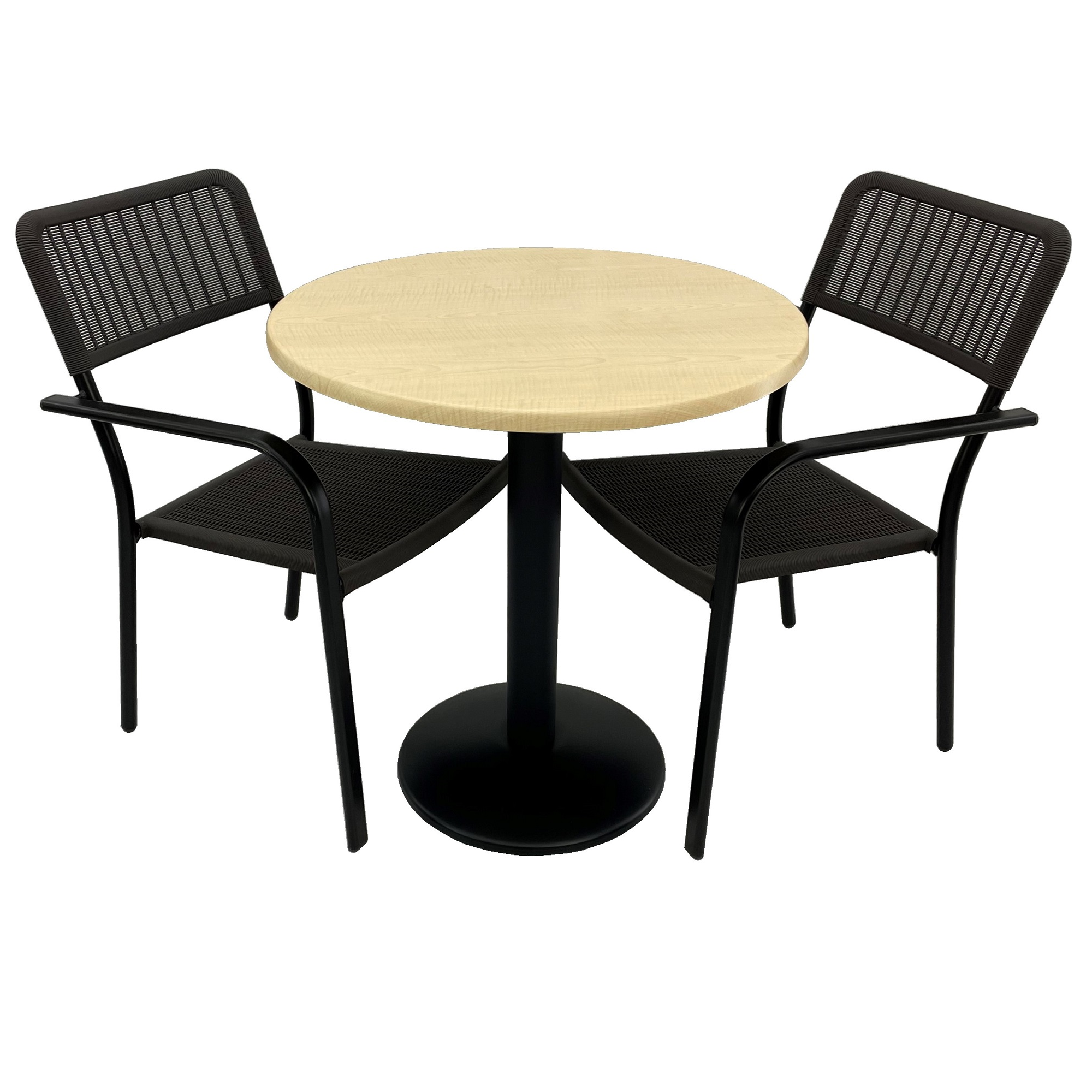 Set 2 scaune CAMPMAN cu brate, maro, masa rotunda D70cm AGMA HORECA MAPLE cu blat werzalit si baza metalica neagra