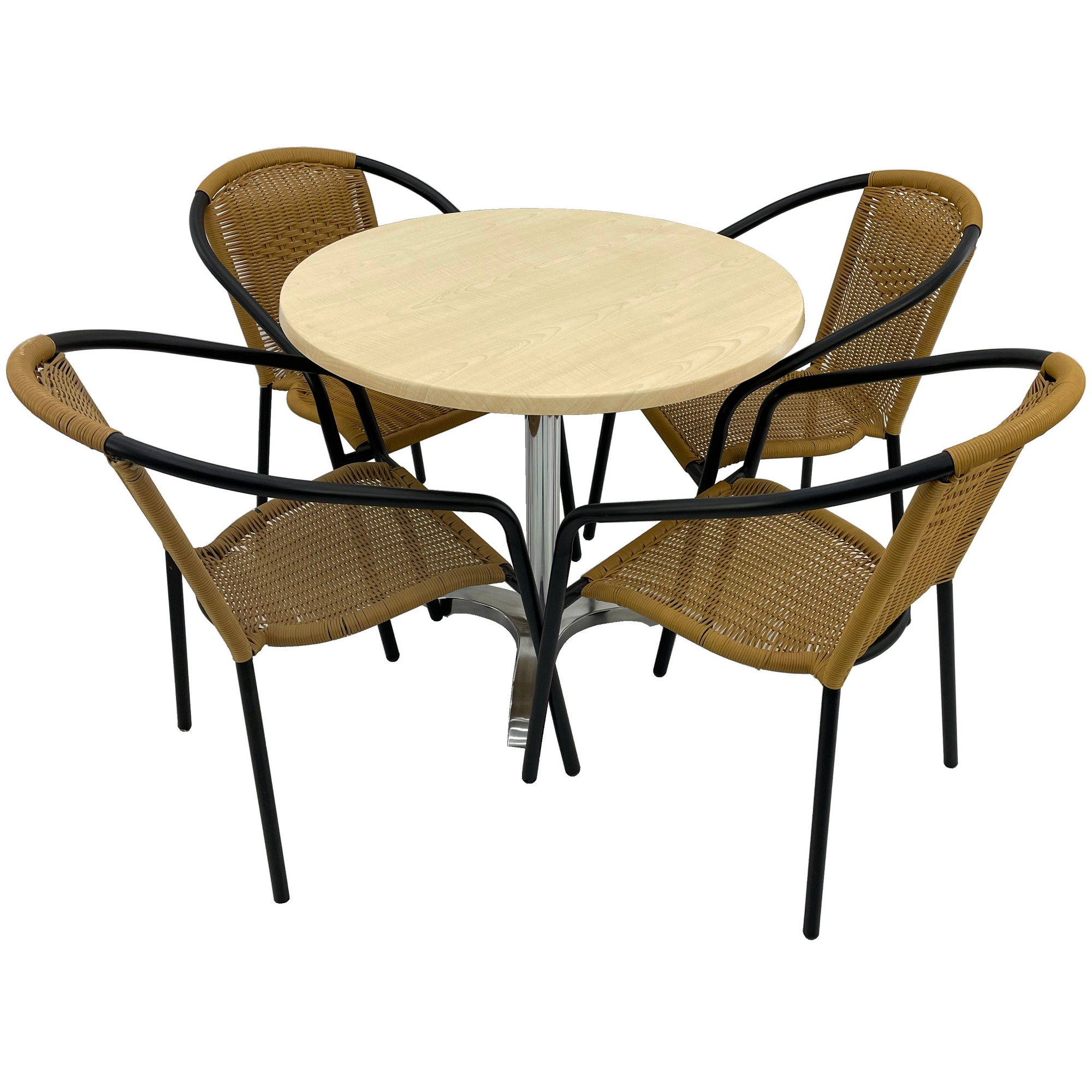 Set cafenea, masa rotunda D80cm AGMA HORECA MAPLE cu blat werzalit si picior aluminiu, 4 scaune TORO PVC ratan