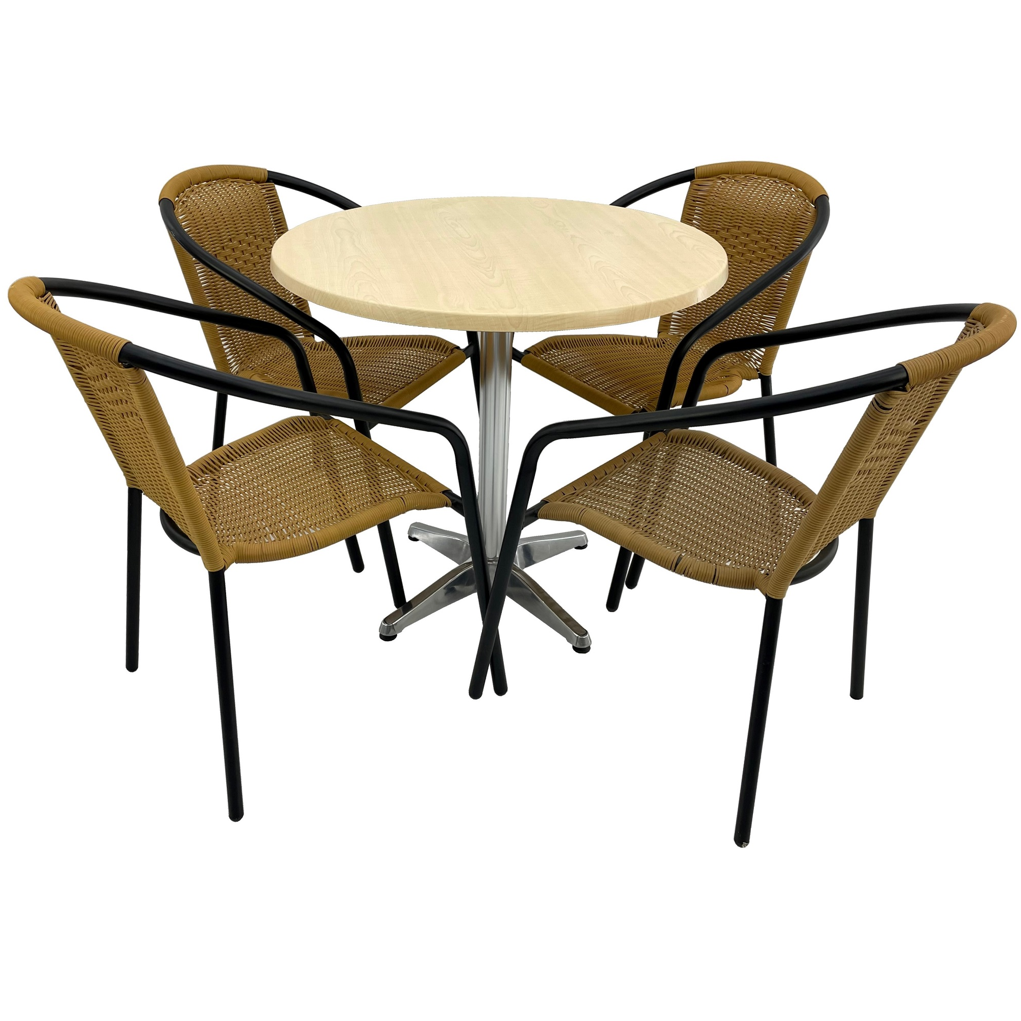 Set cafenea, masa rotunda D80cm AGMA HORECA MAPLE cu blat werzalit si baza aluminiu, 4 scaune TORO PVC ratan