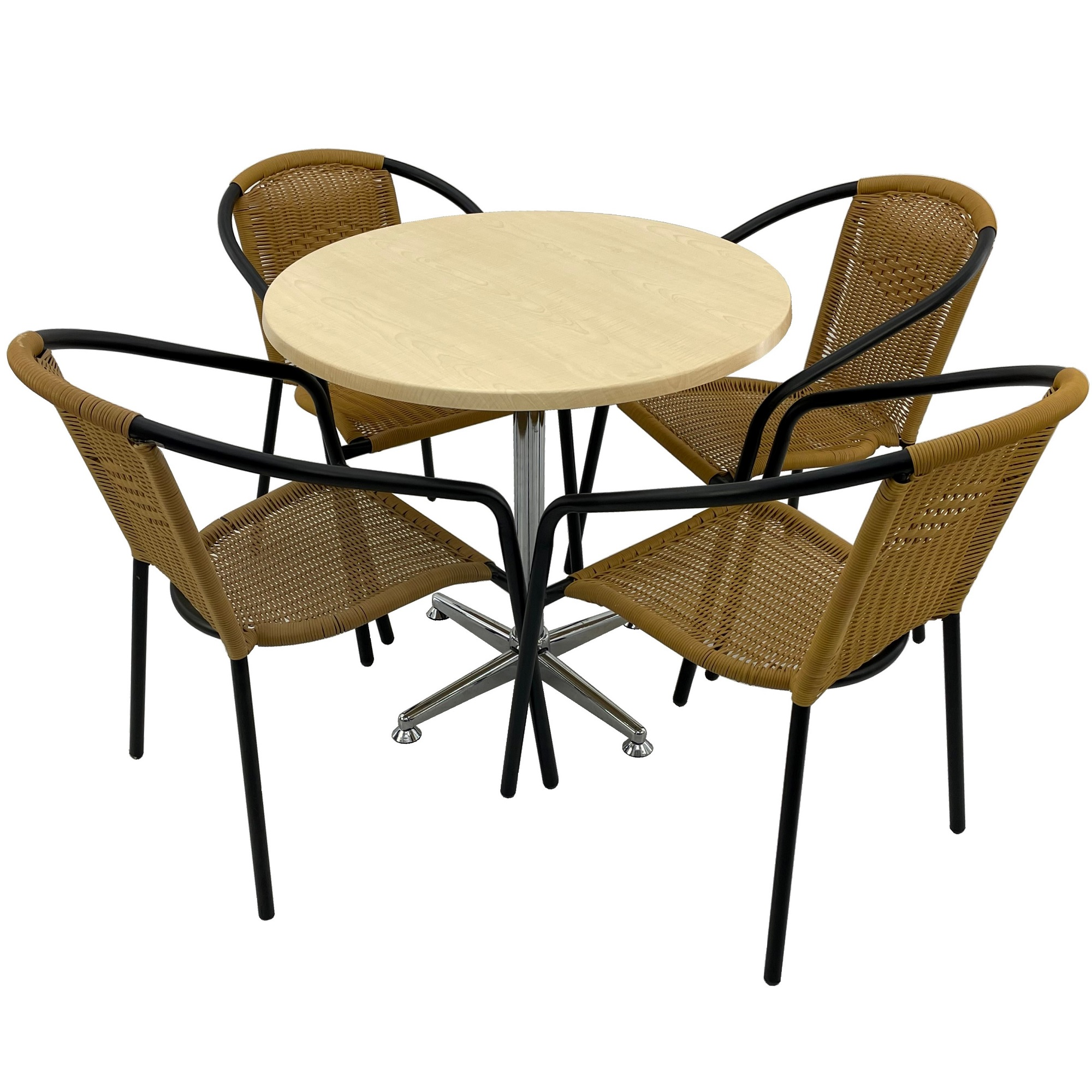 Set cafenea, masa rotunda D80cm AGMA HORECA MAPLE cu blat werzalit si baza cromata, 4 scaune TORO PVC ratan