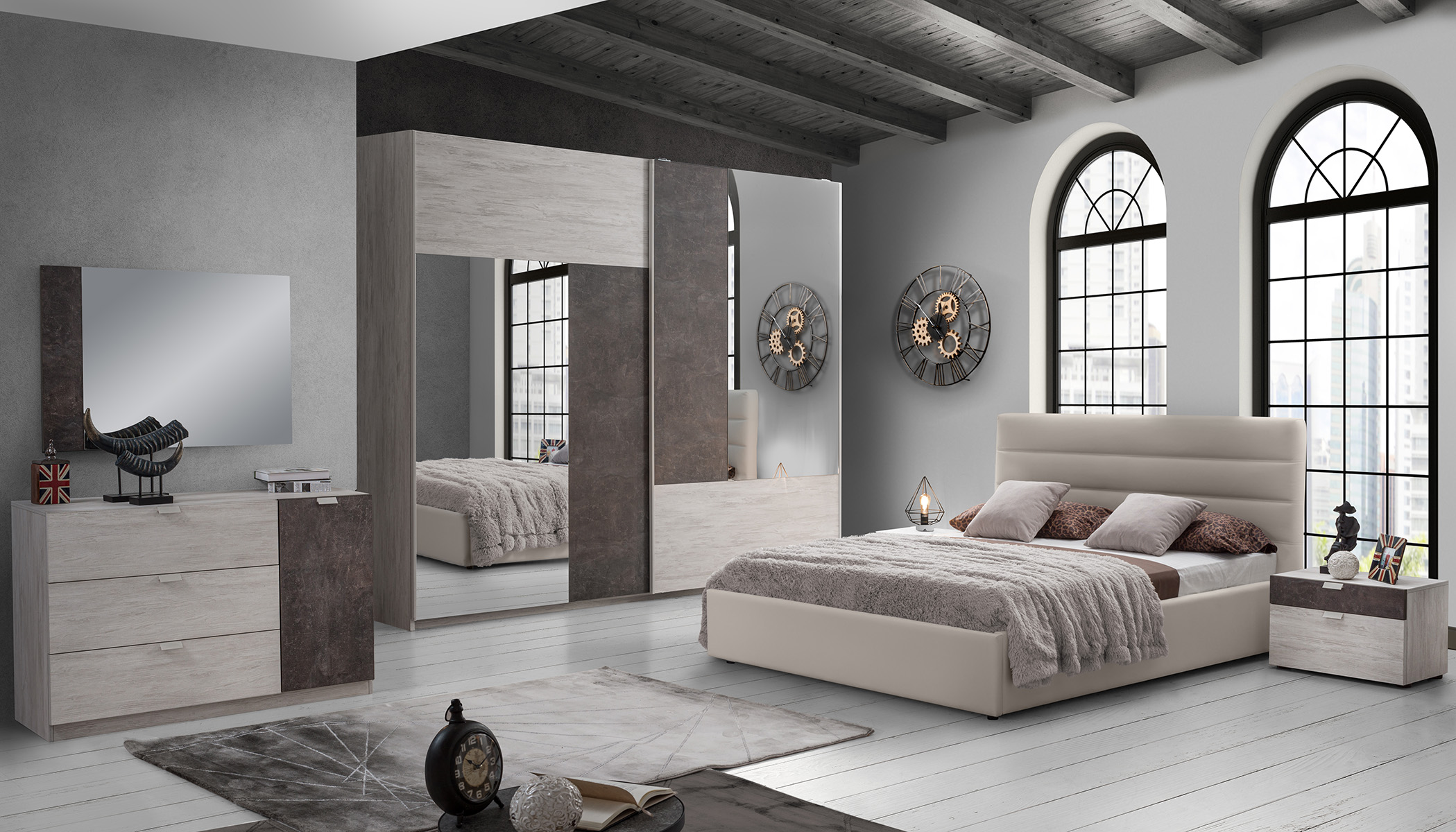 Dormitor Urban, ulm/maro, pat 160x200 cm, dulap cu 2 usi culisante, 2 noptiere, comoda