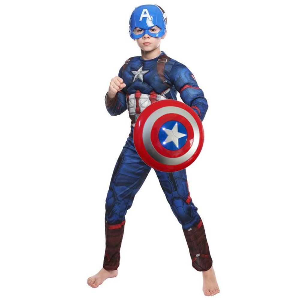 Set costum clasic cu muschi Captain America si scut cu sunete si lumini pentru baiat 120 – 130 cm 5-7 ani (băiat) imagine 2022 protejamcopilaria.ro