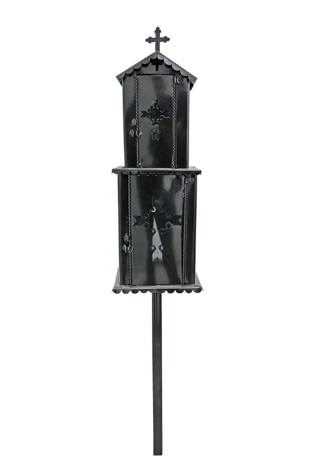 Felinar metalic dublu pentru cimitir, GRS, F7, vopsit electrostatic, tip structurat, Negru, cu picior, 130×24 cm