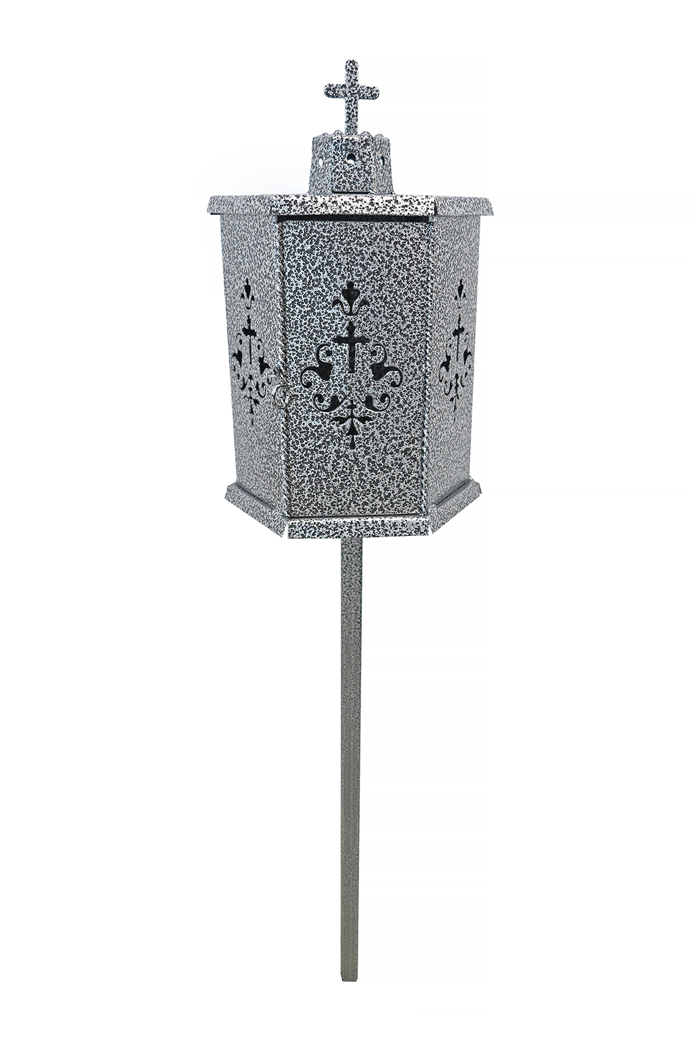 Felinar metalic pentru cimitir, GRS, F8, vopsit electrostatic, gri lovitura de ciocan, Gri, cu picior, 100×21 cm