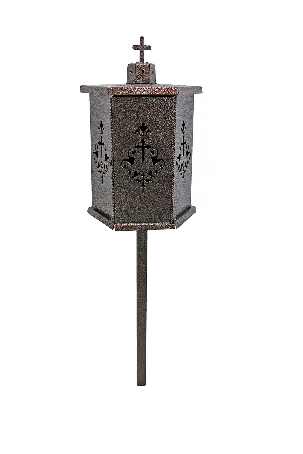 Felinar metalic pentru cimitir, GRS, F9, vopsit electrostatic, cupru lovitura de ciocan, Maro, cu picior, 105×28 cm
