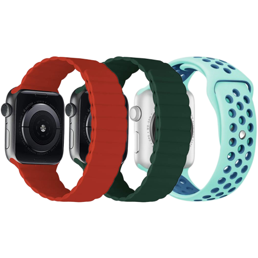 Set 3 Curele iUni compatibile cu Apple Watch 1/2/3/4/5/6/7, 44mm, Silicon, Red, Green, Turquoise/Blue