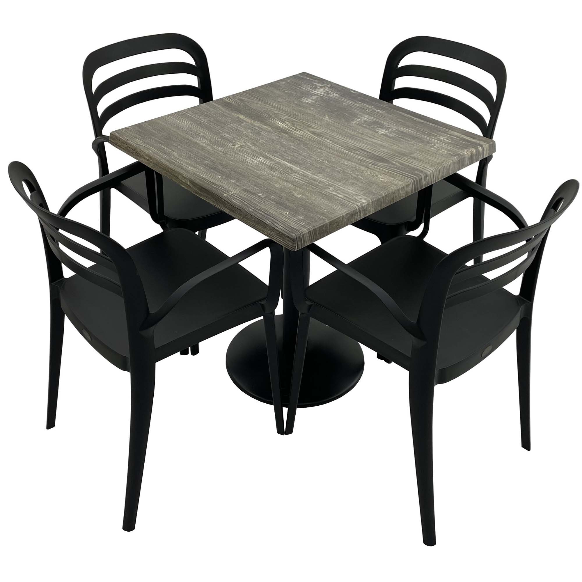 Set mobila de terasa, restaurant Raki Old Pine, masa patrata 70x70cm cu blat werzalit si picior metalic negru, 4 scaune negre ASPENDOS cu brate