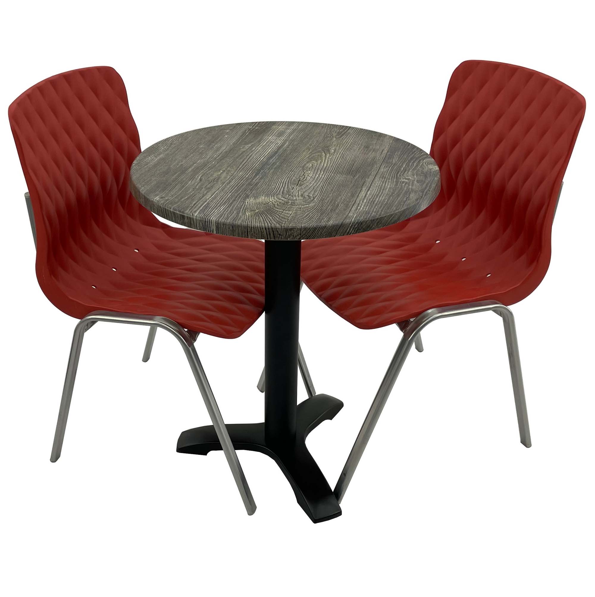 Set mobila de terasa, restaurant Raki Old Pine, masa rotunda D60cm cu blat werzalit si picior metalic negru, 2 scaune ROYAL rosii