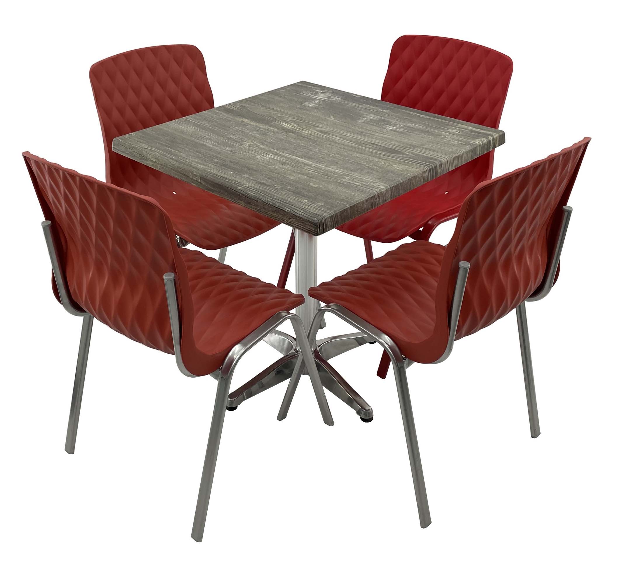 Set mobila de terasa, restaurant Raki Old Pine, masa patrata 70x70cm cu blat werzalit si baza aluminiu, 4 scaune ROYAL rosii
