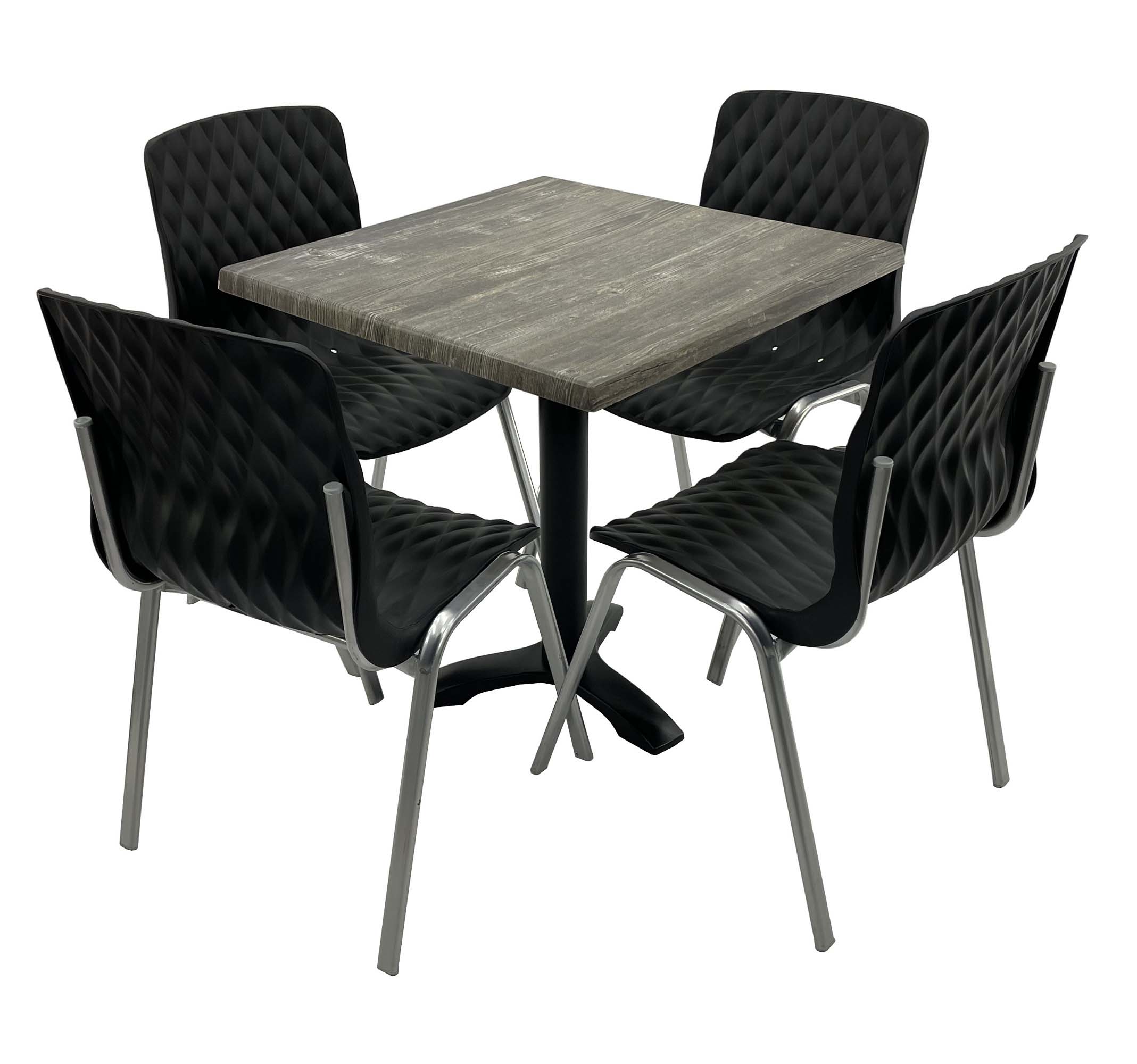 Set mobila de terasa, restaurant Raki Old Pine, masa patrata 80x80cm cu blat werzalit si picior metalic negru, 4 scaune ROYAL negre