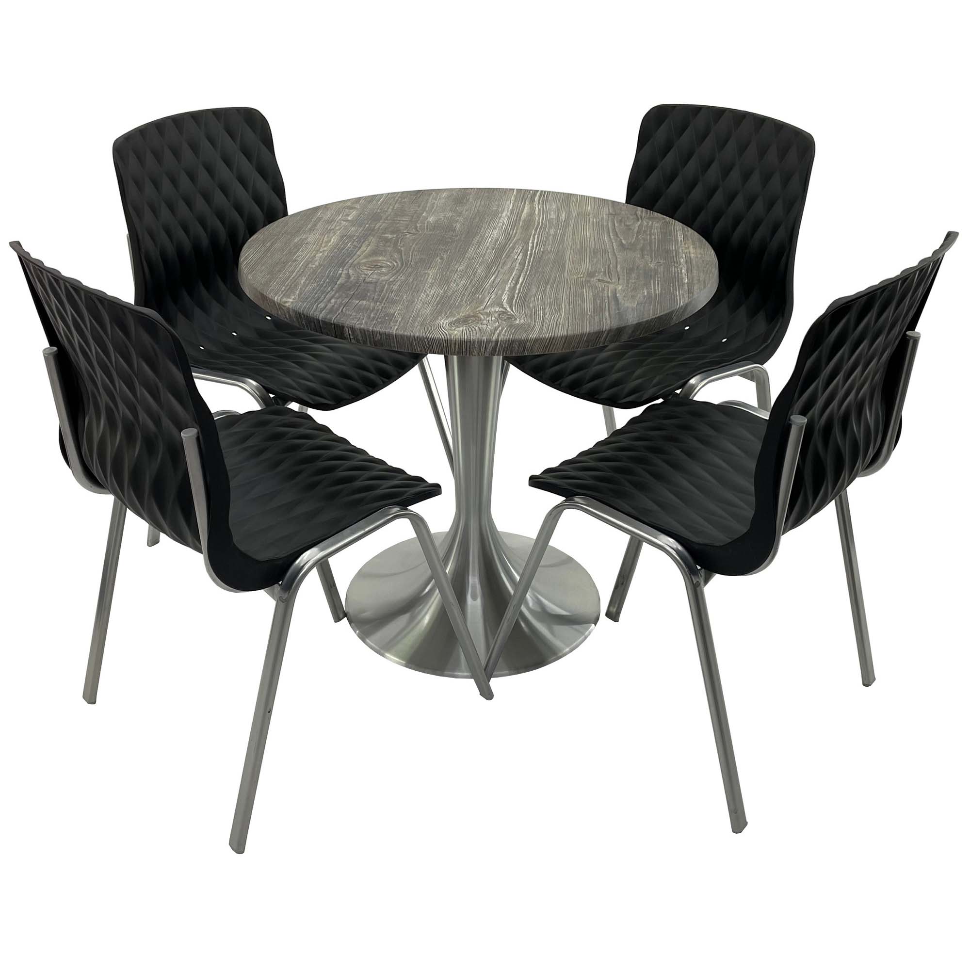 Set mobila de terasa, restaurant Raki Old Pine, masa rotunda D80cm cu blat werzalit si baza aluminiu, 4 scaune ROYAL negre