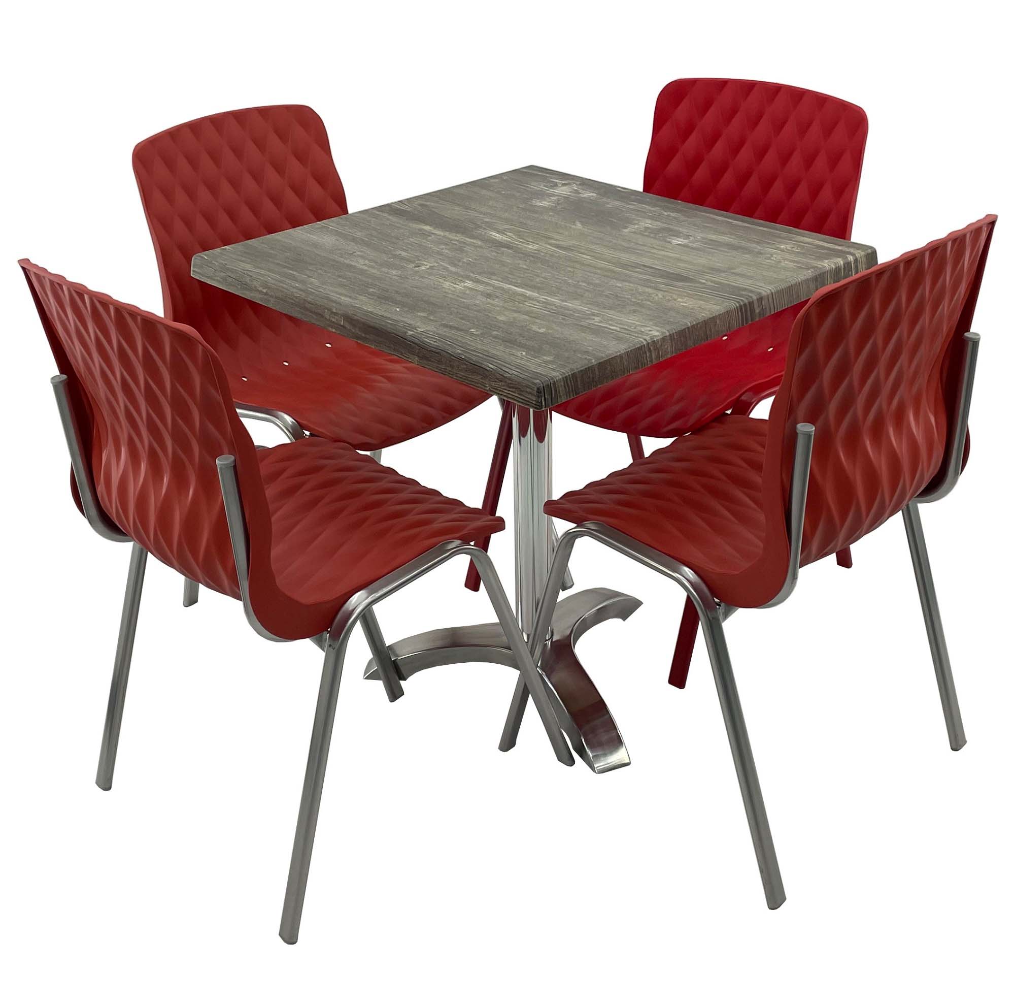 Set mobila de terasa, restaurant Raki Old Pine, masa patrata 80x80cm cu blat werzalit si baza aluminiu, 4 scaune ROYAL rosii