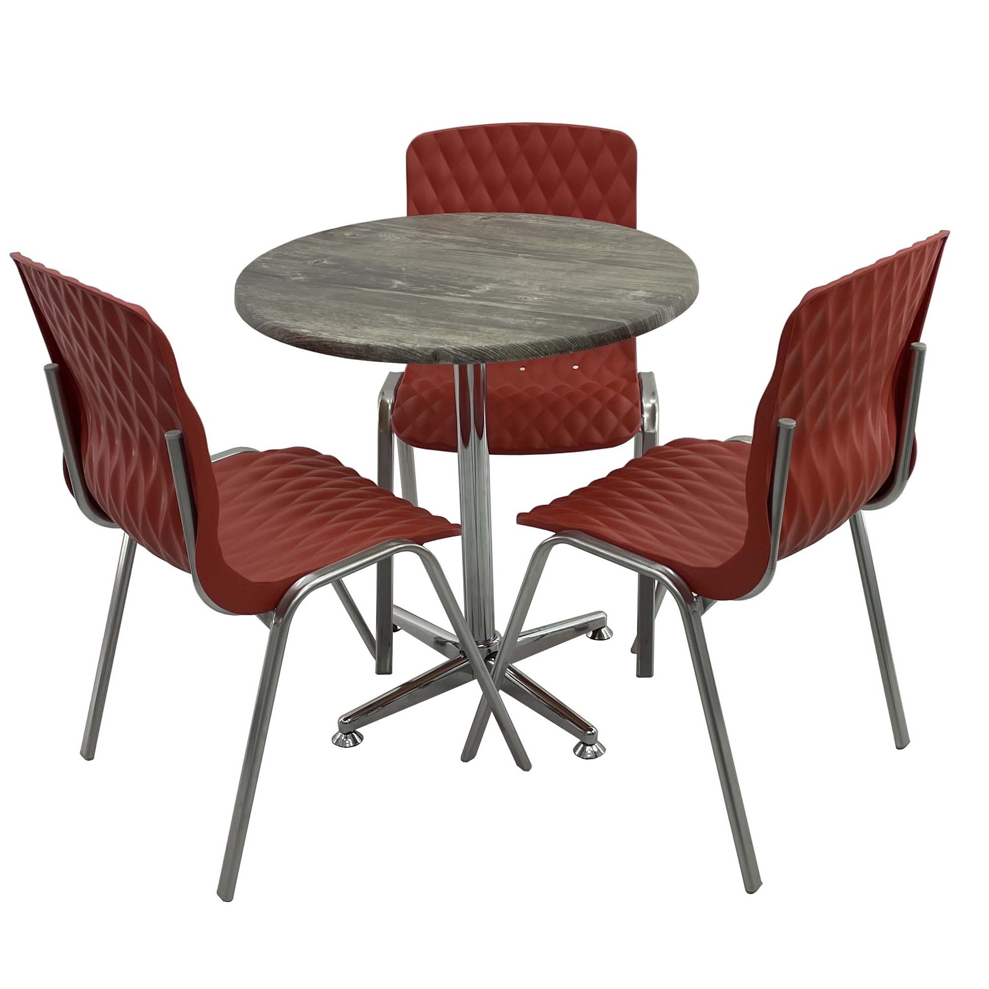 Set mobila de terasa, restaurant Raki Old Pine, masa rotunda D70cm cu blat werzalit si picior cromat, 3 scaune ROYAL rosii