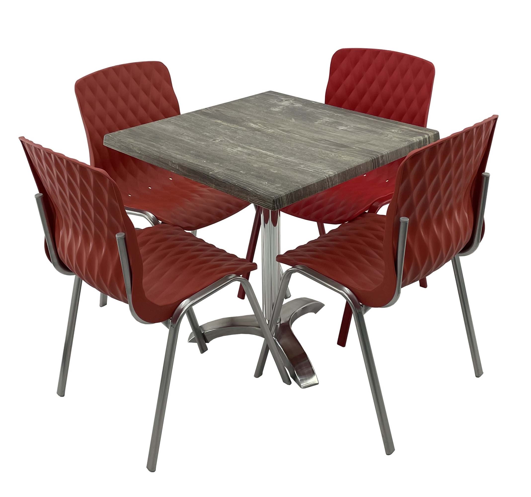 Set mobila de terasa, restaurant Raki Old Pine, masa patrata 70x70cm cu blat werzalit si picior aluminiu, 4 scaune ROYAL rosii