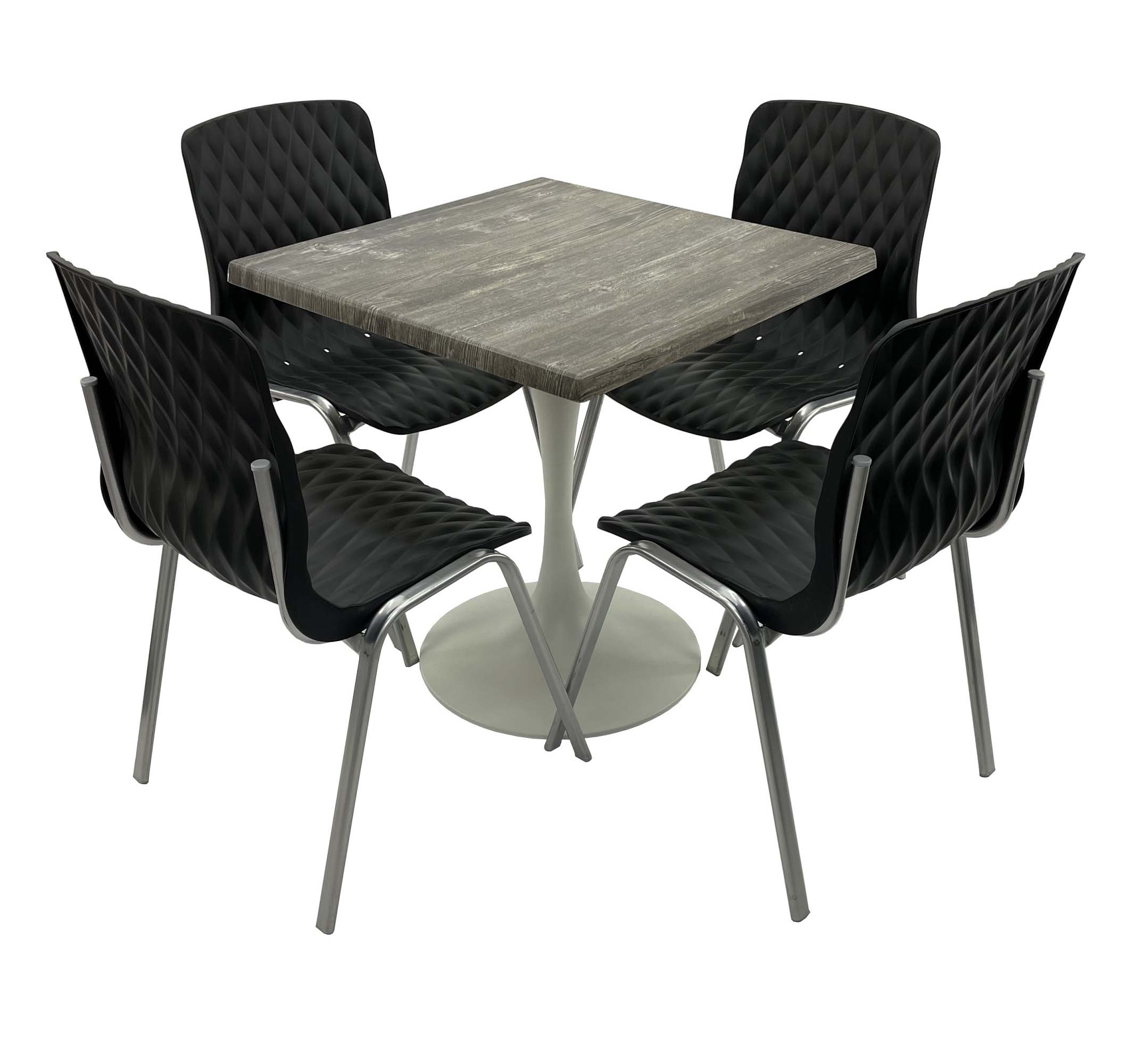 Set mobila de terasa, restaurant Raki Old Pine, masa patrata 80x80cm cu blat werzalit si baza metalica alba, 4 scaune ROYAL negre