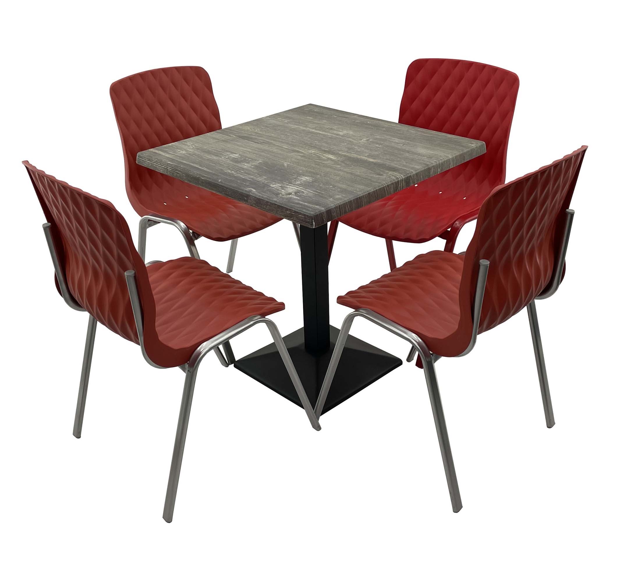 Set mobila de terasa, restaurant Raki Old Pine, masa patrata 80x80cm cu blat werzalit si baza metalica culoare neagra, 4 scaune ROYAL rosii