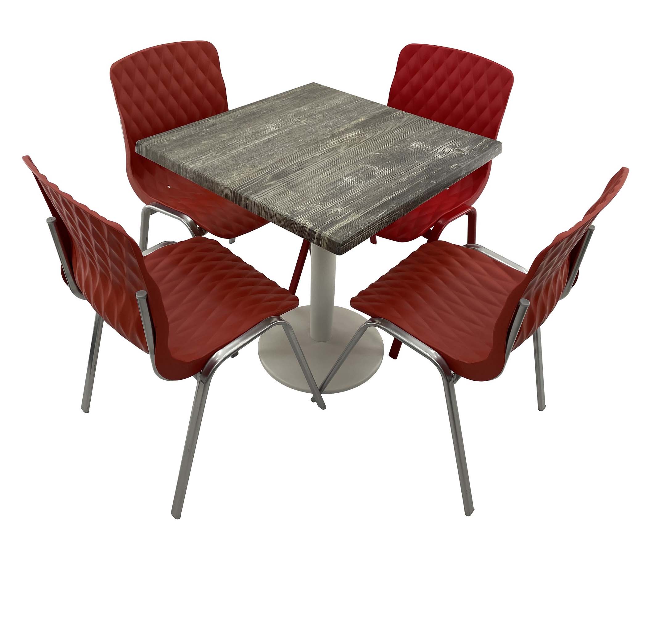 Set mobila de terasa, restaurant Raki Old Pine, masa patrata 80x80cm cu blat werzalit si baza metalica culoare alba, 4 scaune ROYAL rosii