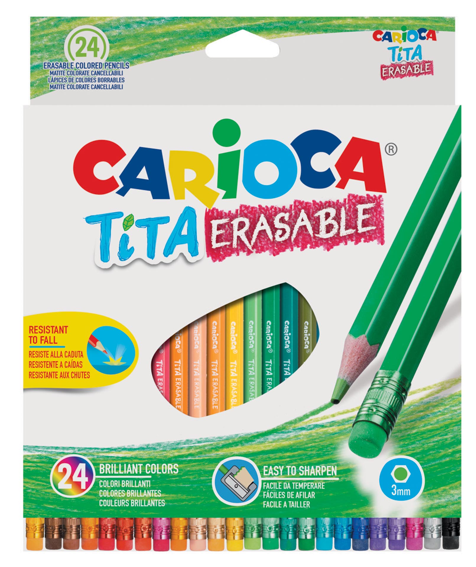 Creioane colorate CARIOCA Tita Erasable, hexagonale, flexibile, erasable, 24 culori/cutie, cu guma