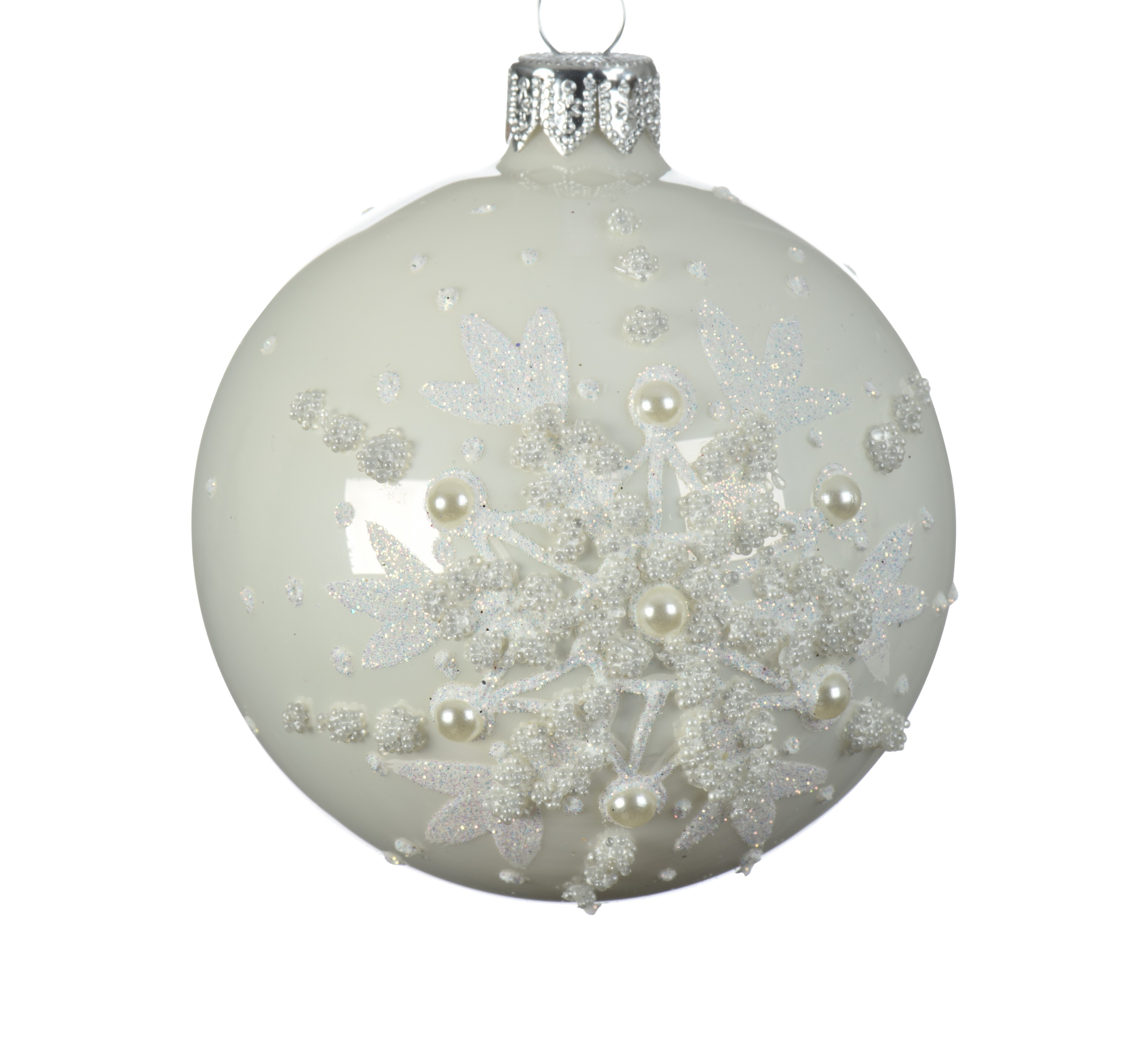 Glob sticla, alb, model fulg cu perle, 8 cm