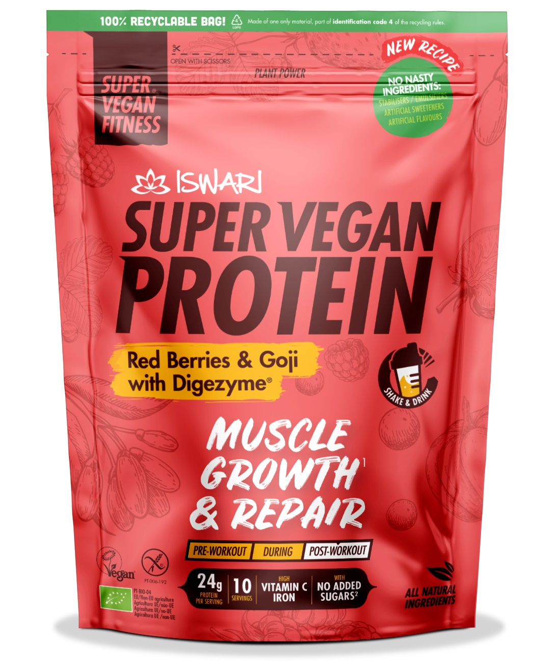 Proteina Super Vegan BIO(dupa efort) fructe rosii si goji cu DigeZyme Iswari
