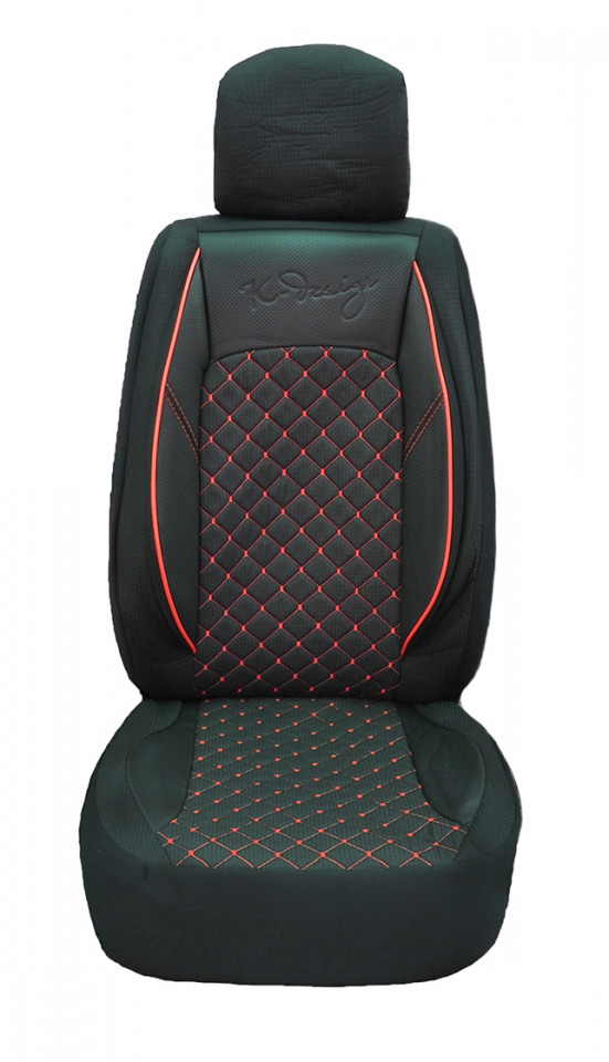Set huse scaune auto universale, piele ecologica neagra cu material textil negru si cusaturi rosii, fata-spate