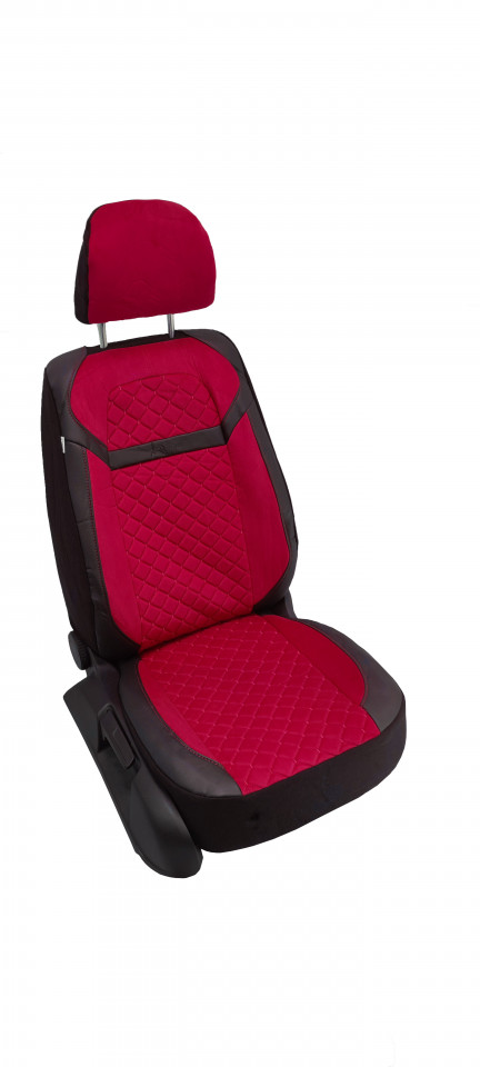 Set huse scaune auto universale, piele ecologica neagra cu velur rosu, fata-spate, bancheta spate fractionata