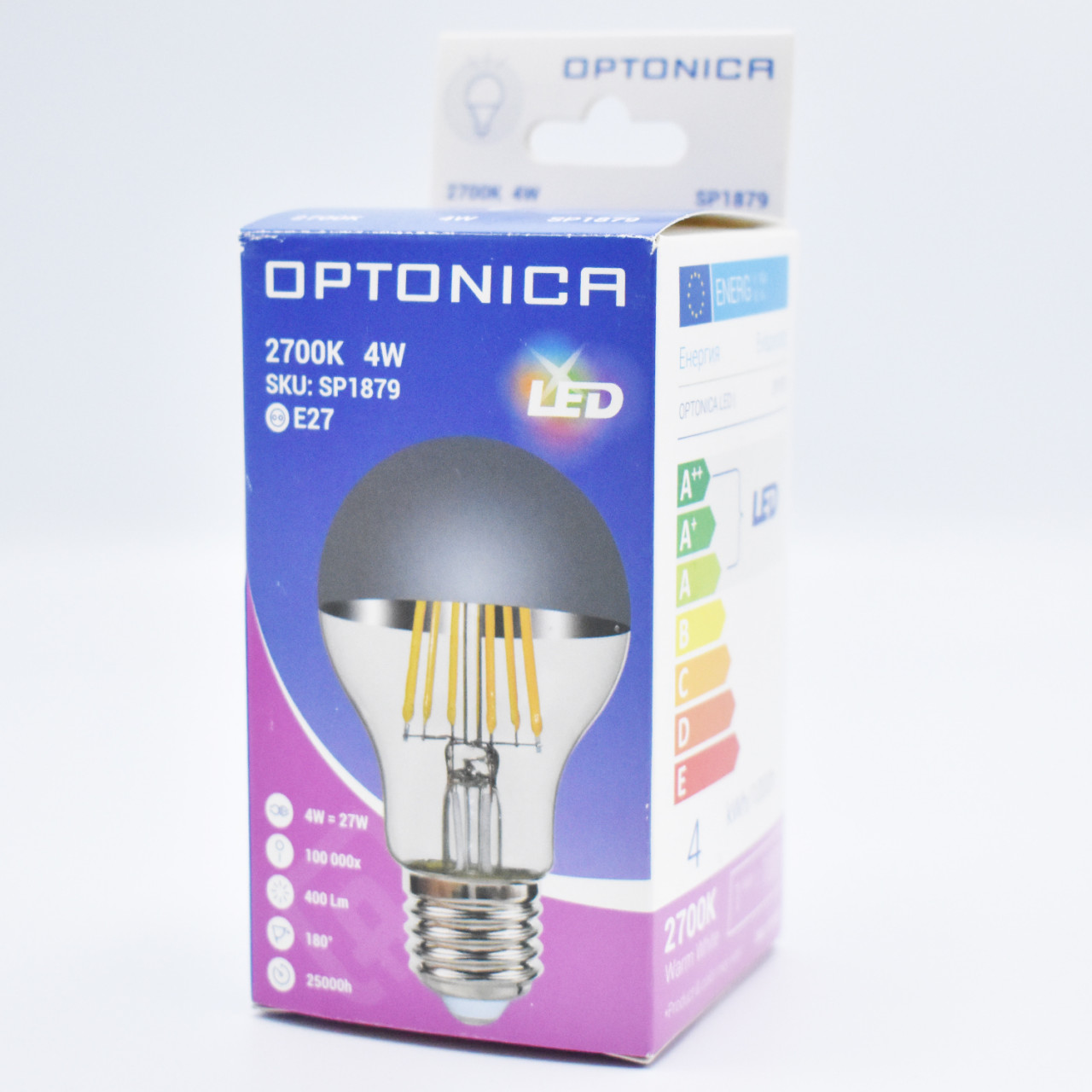 Bec LED Vintage 4W (27W), E27, A60, 400 lm, lumina calda (2700K), argintiu, Optonica