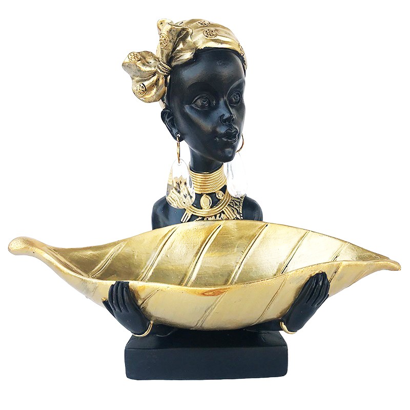 Statueta decorativa, Femeie Africana cu vas in forma de frunza, 25 cm, 534H