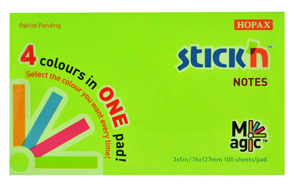 Magic notes autoadeziv 76 x 127 mm, 100 file, Stick\'n Magic Notes - 4 culori neon