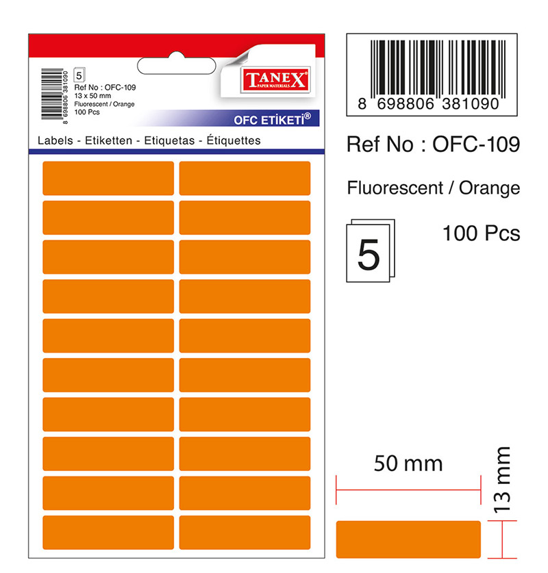 Etichete autoadezive color, 13 x 50 mm, 100 buc/set, TANEX - orange fluorescent