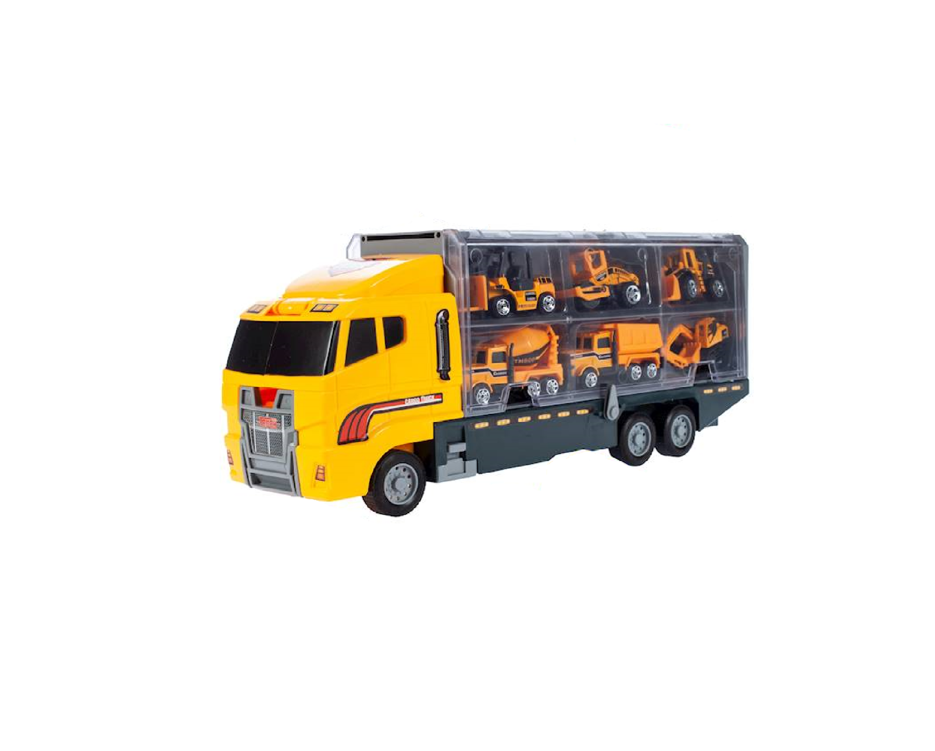 Set camion de tractare cu vehicule de constructii, 7 elemente, galben, 35 x 9.5 x 18.5 cm, MalPlay 107306