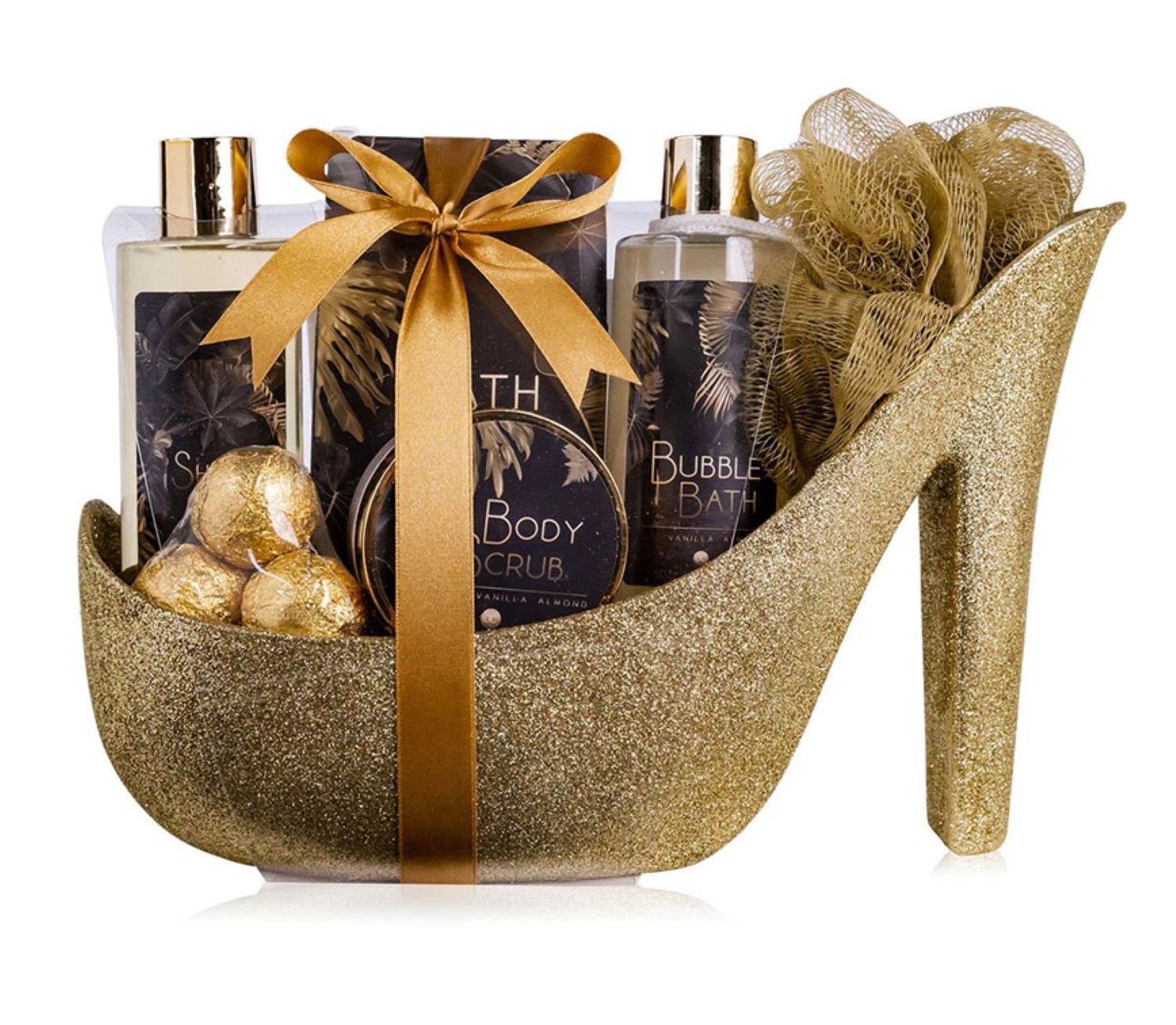 Set Cadou Luxury cu 6 produse aroma vanilie si migdale in pantof auriu sidefat