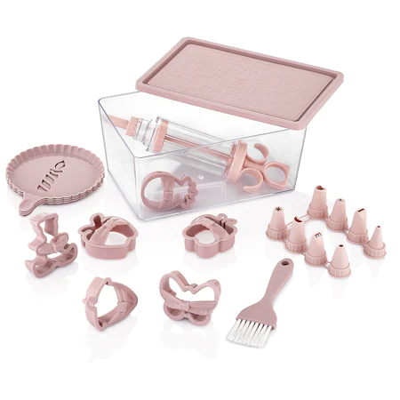 Set cofetarie FOXMAG24, cu 22 de piese, matrite biscuiti /fursecuri, ustensile ornare torturi in cutie plastic, roz