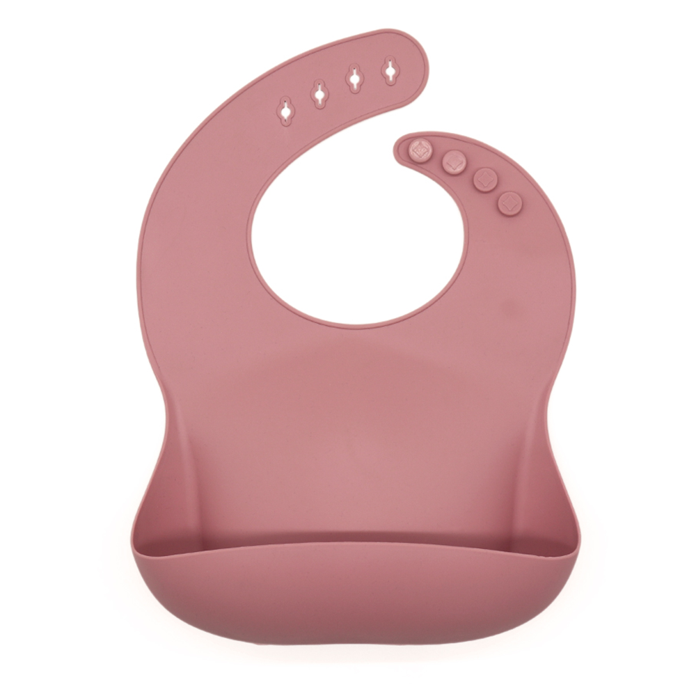 Bavetica flexibila din silicon pentru bebelusi, baveta bebe din cauciuc moale, usor de curatat, antimurdarire, cu buzunar colector larg, inchidere ajustabila, dark pink
