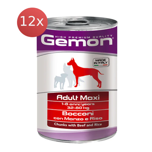 Conserve Gemon Vită și Orez 12X1250g – Câini Adult Maxi