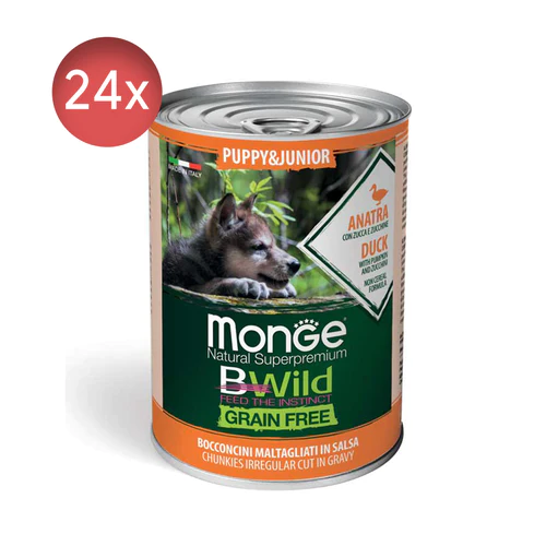 24x400g Conserve MONGE B-Wild Junior fără cereale cu Rață, zukkini și dovleac – Hrană Umedă Câini