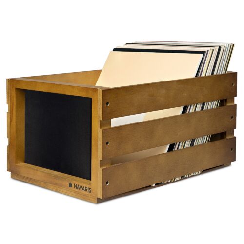 Cutie de depozitare din lemn pentru albume de vinil Navaris, 80 discuri, Maro, 53026.01.05