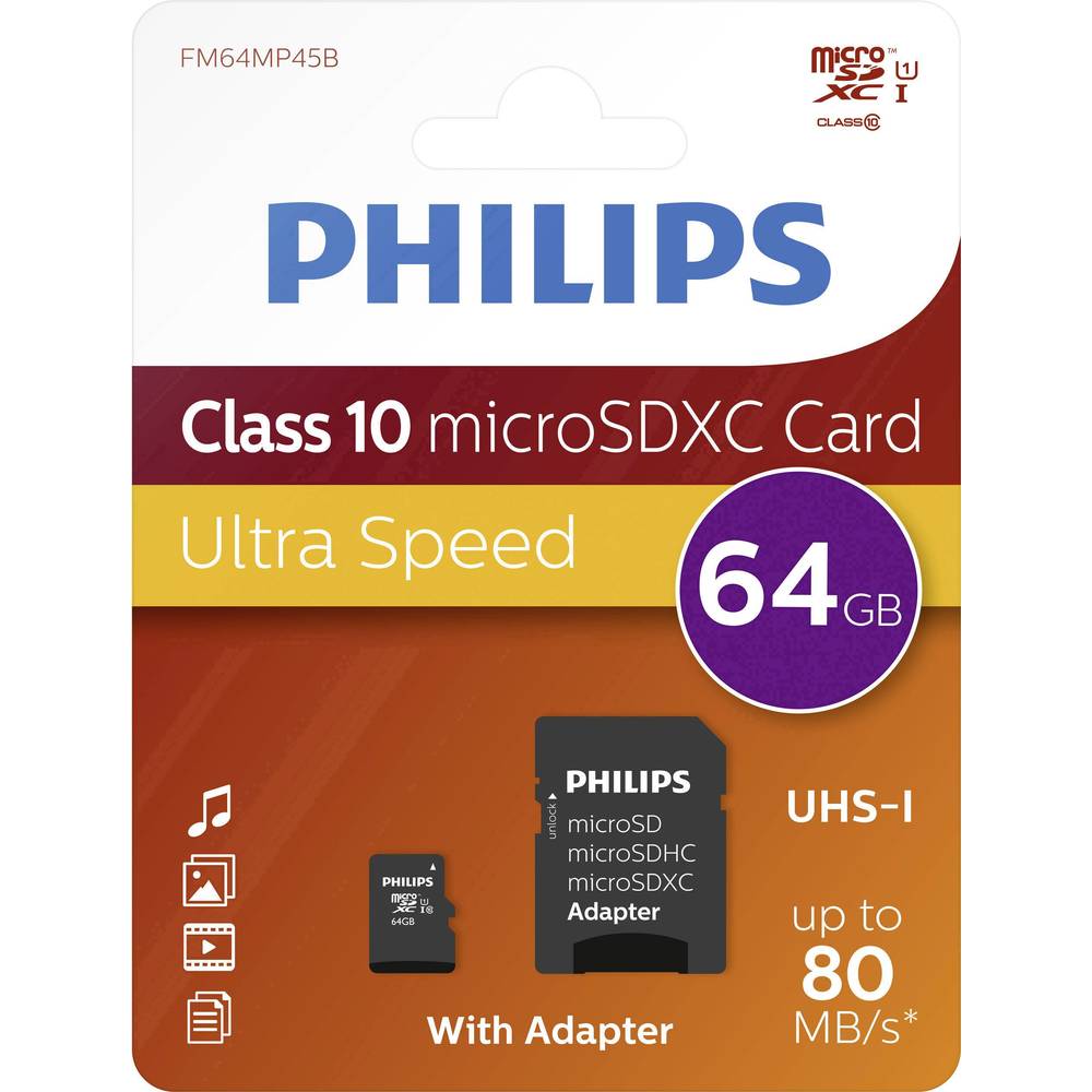 Card memorie Micro SDXC, cu adaptor SD, clasa 10, PHILIPS – 64GB