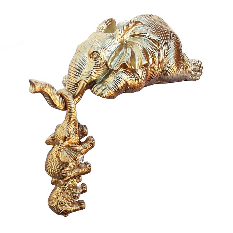 Statueta decorativa, Elefant cu doi pui agatati pe trompa, Auriu, 15 cm, 1915G
