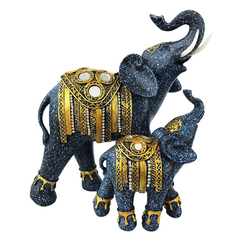 Statueta decorativa elefant cu pui si cristale, Albastru, 24 cm, 508H