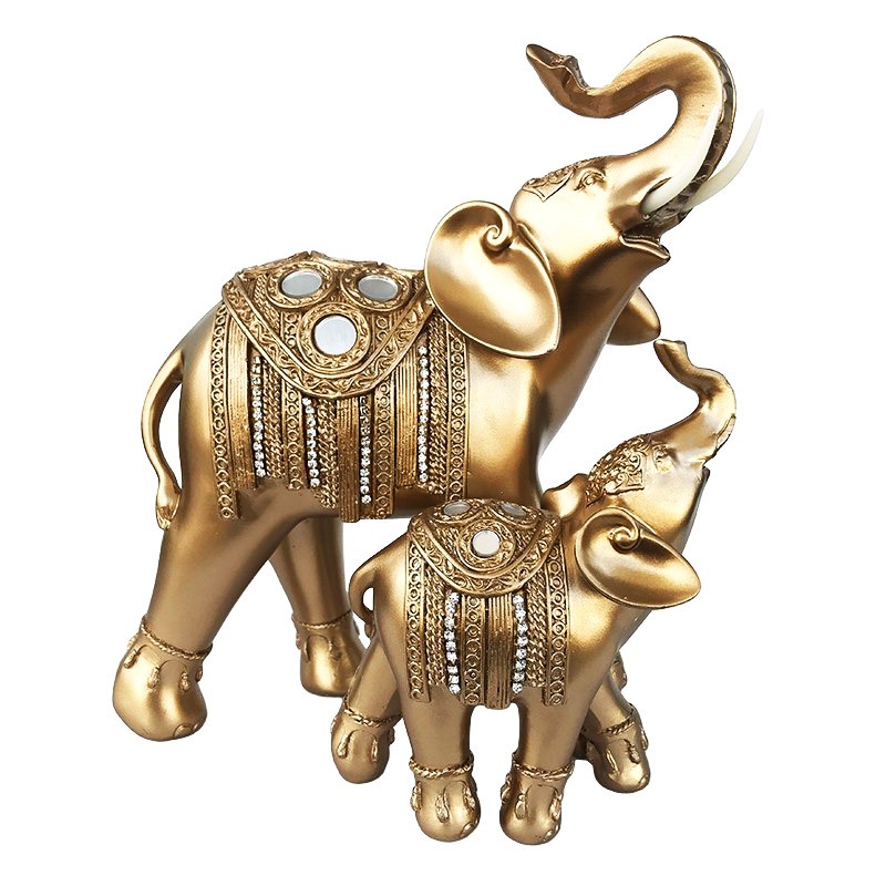 Statueta decorativa elefant cu pui si cristale, Gold, 24 cm, 508H-1