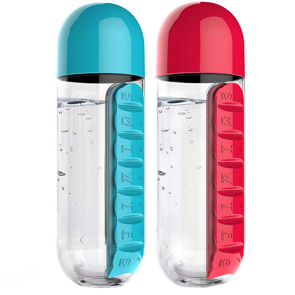 Set 2 sticle cu organizator pentru medicamente, Quasar & Co.®, fara BPA, portabile, cu dozatoare saptamanale, tritan, 600 ml, rosu-turcoaz