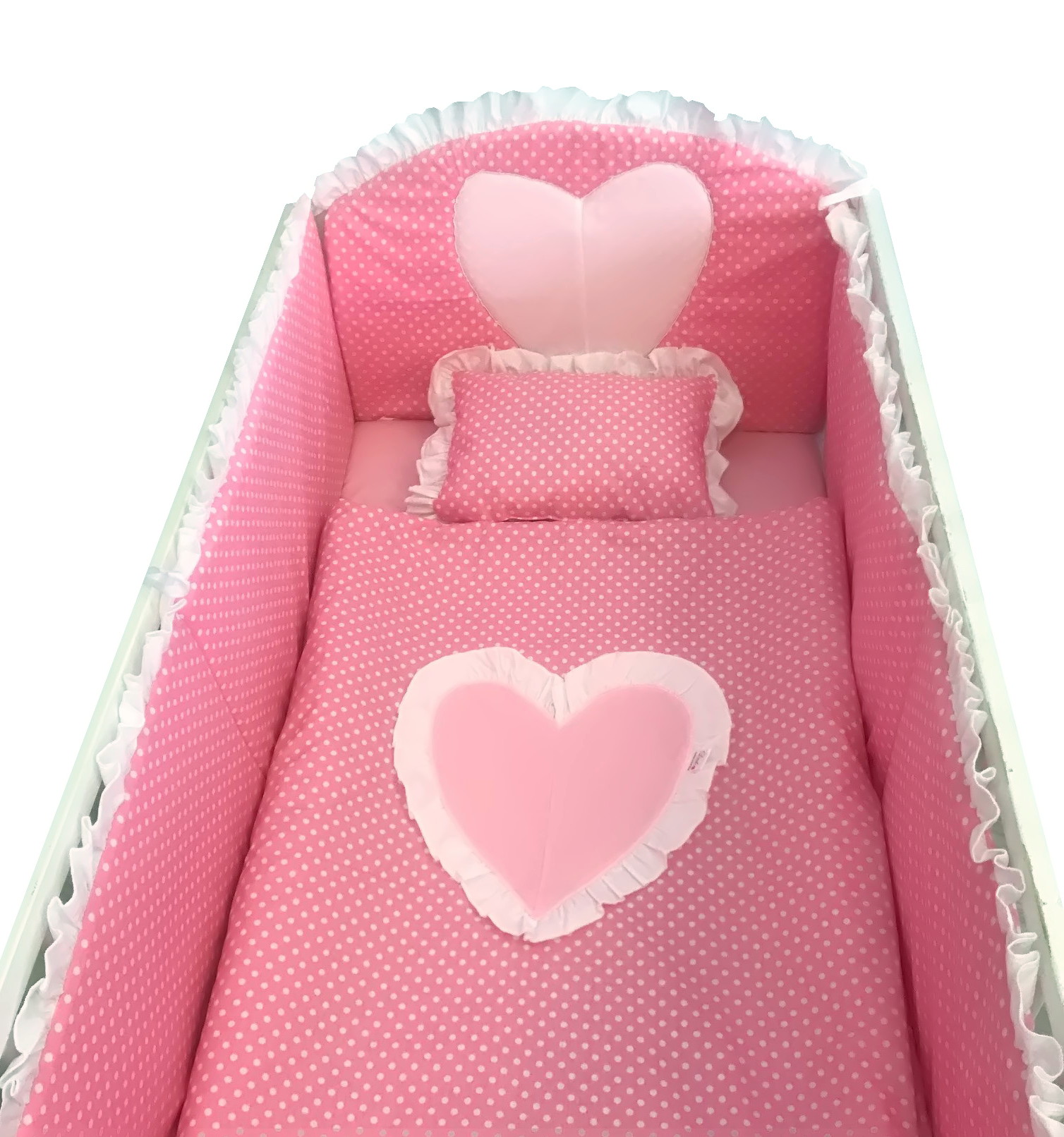 Lenjerie de pat bebelusi cu aparatori laterale Deseda Te iubesc puisor 120x60 cm roz cu alb